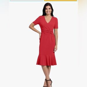 NWT London Times Red 12 Women's V-Neck Polished Flounce Hem Twist Waist Detail
